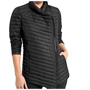 Athleta Down Puffer Coat Womens Small Black Asymmetrical Zip Lightweight Quilted